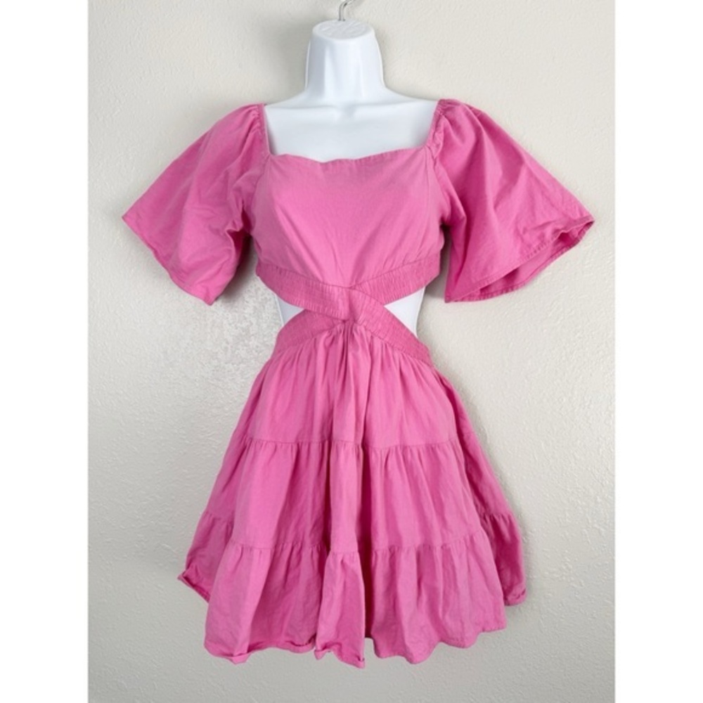 Shy Velvet pink square neck crossover smocked waist cutout mini dress S